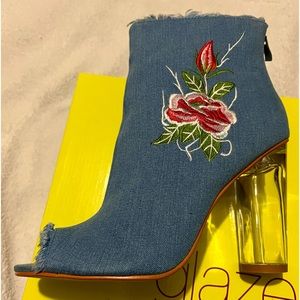 GLAZE OPEN TOE DENIM BOOTS     SIZES 8, 8.5, 10
